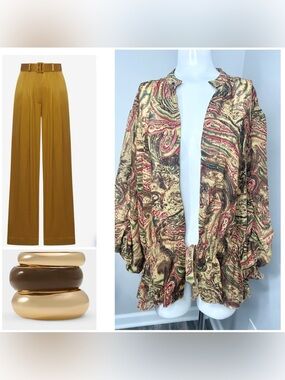 Design Loft  brown Paisley-Print Open Front Wide Sleeve Top -2X